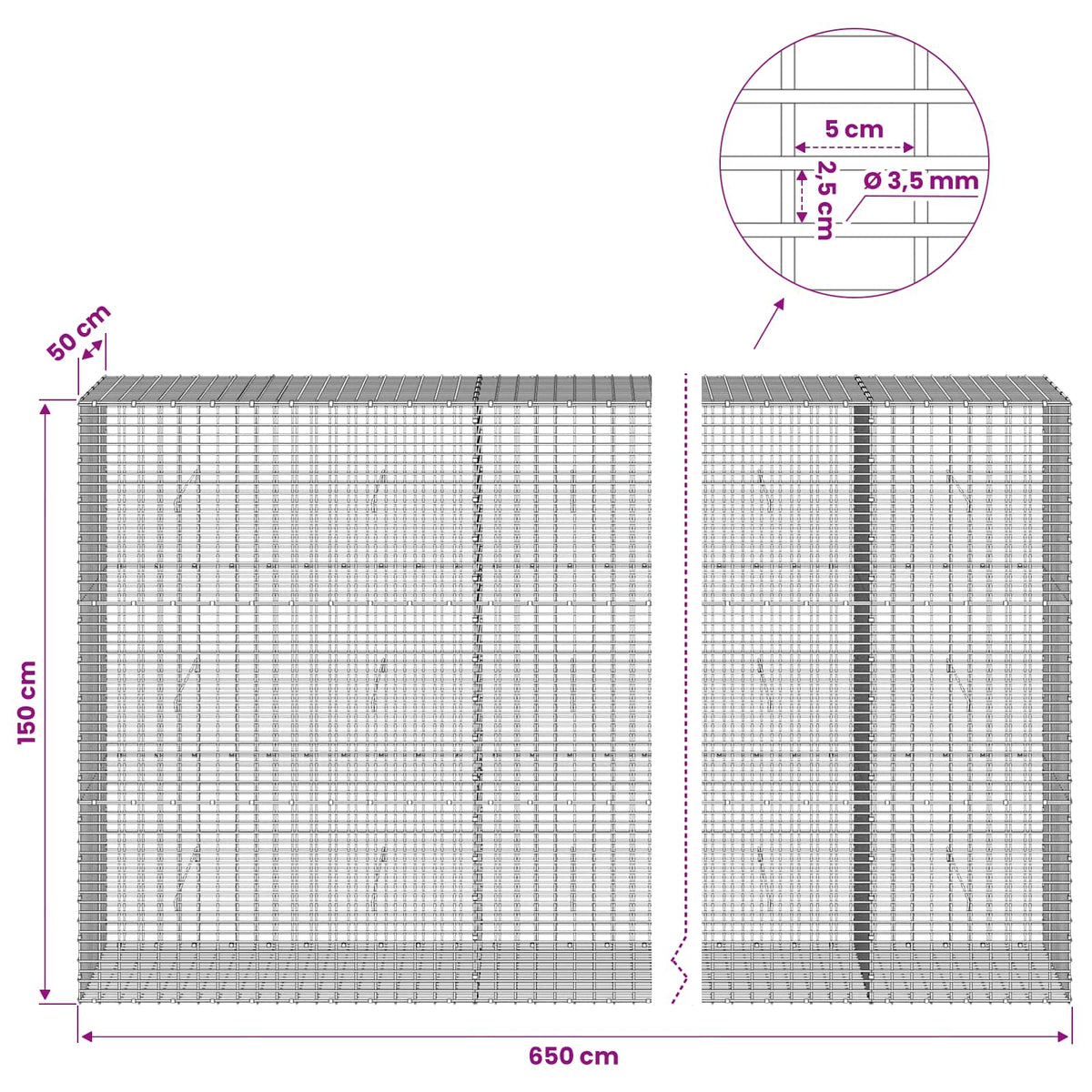 vidaXL Gabion z drutu 3,5 mm i siatką 5x2,5 cm 650x50x150 cm