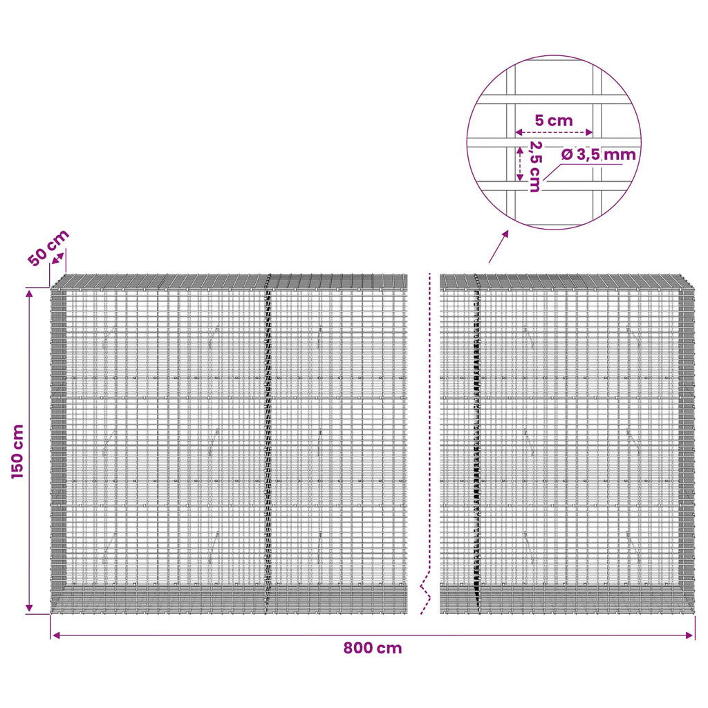 vidaXL Gabion z drutu 3,5 mm i siatką 5x2,5 cm 800x50x150 cm