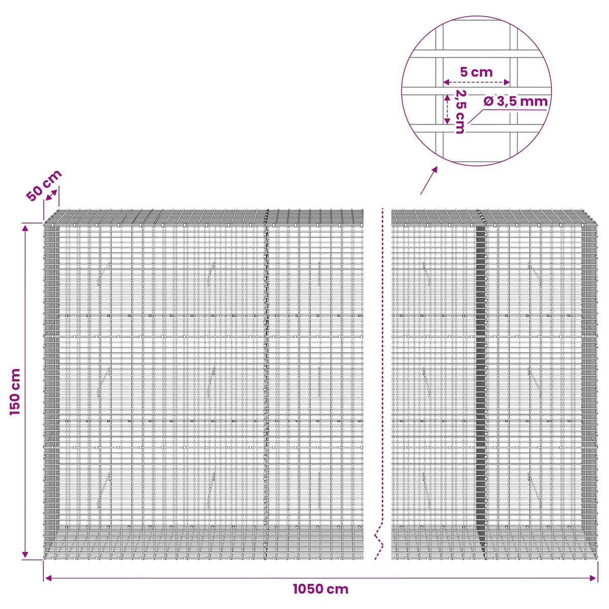 vidaXL Gabion z drutu 3,5 mm i siatką 5x2,5 cm 1050x50x150 cm