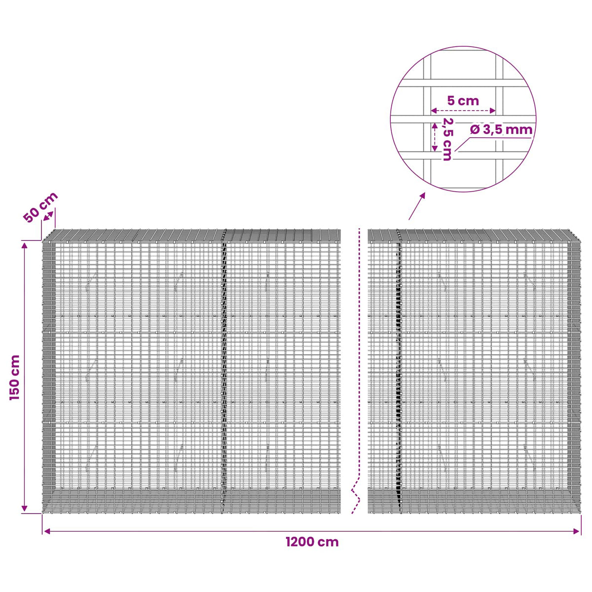 vidaXL Gabion z drutu 3,5 mm i siatką 5x2,5 cm 1200x50x150 cm