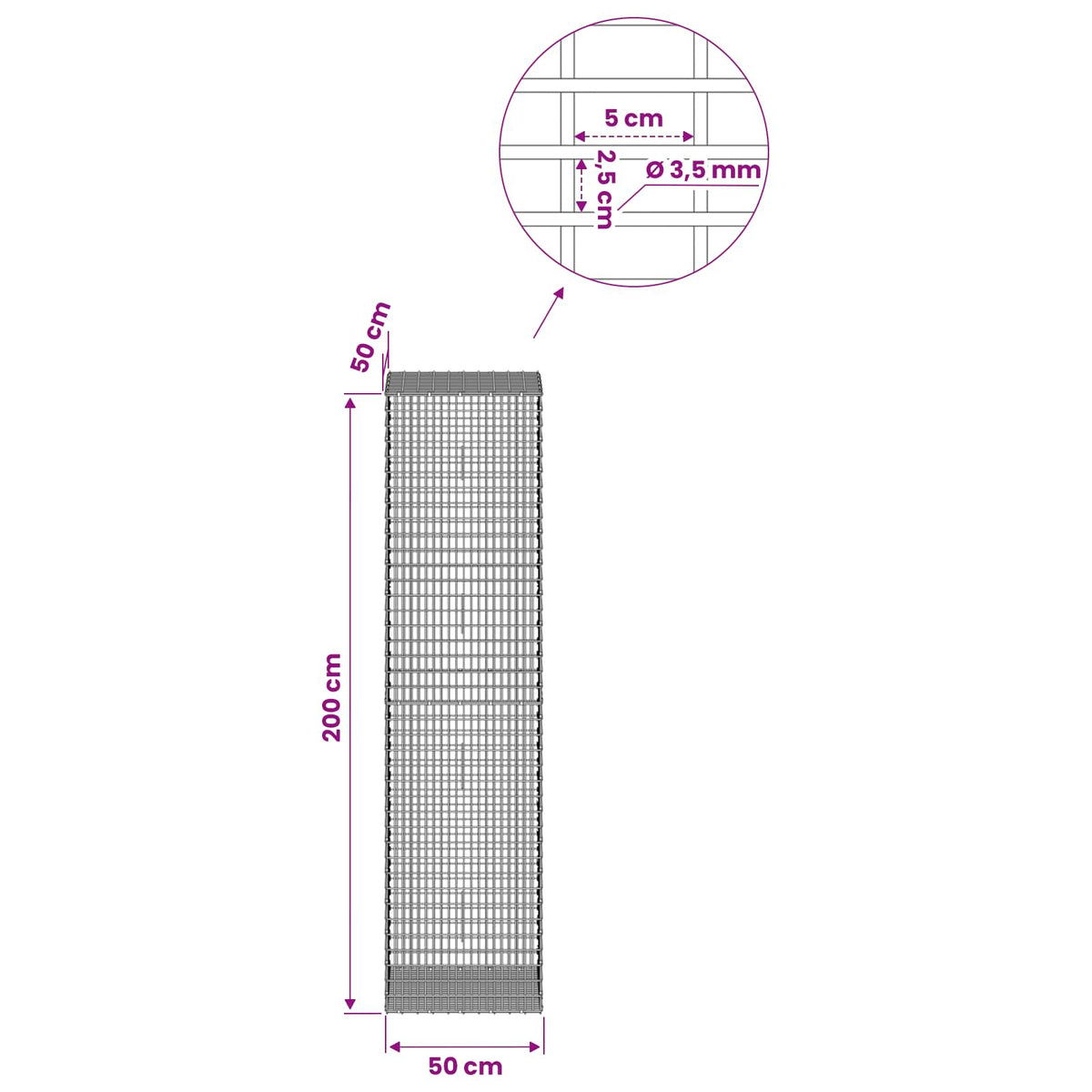 vidaXL Gabion z drutu 3,5 mm i siatką 5x2,5 cm 50x50x200 cm