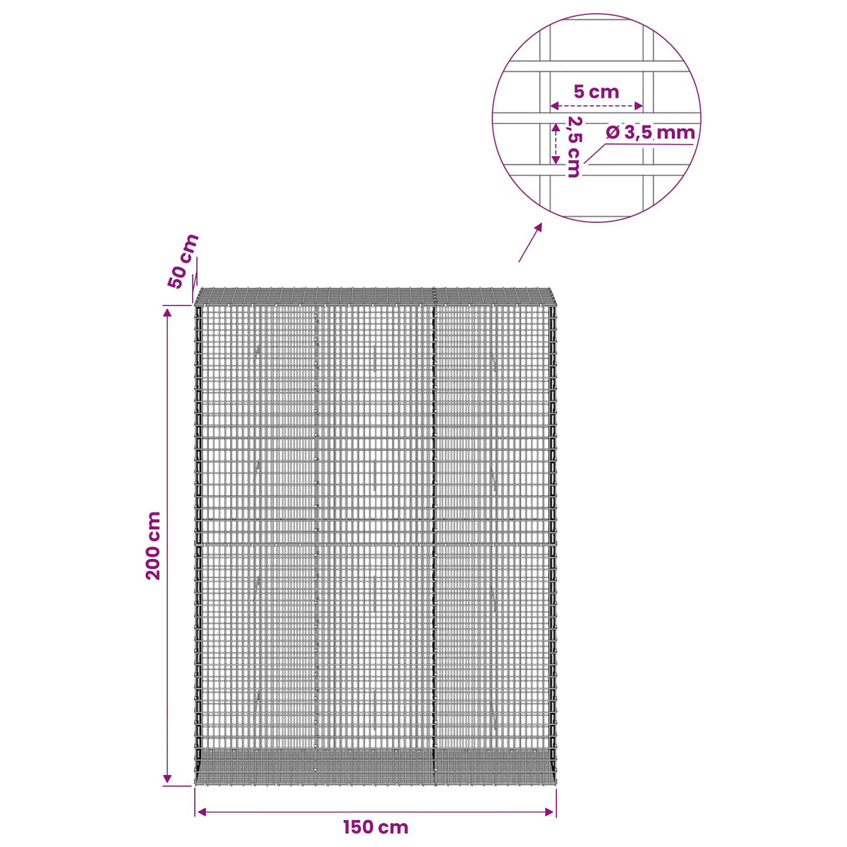 vidaXL Gabion z drutu 3,5 mm i siatką 5x2,5 cm 150x50x200 cm