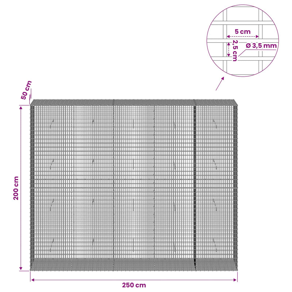 vidaXL Gabion z drutu 3,5 mm i siatką 5x2,5 cm 250x50x200 cm