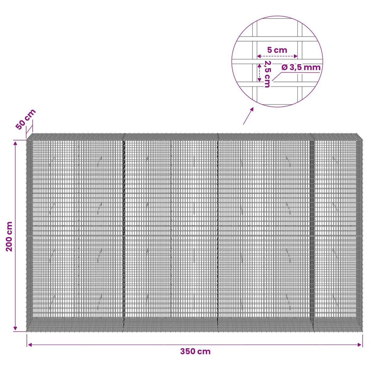 vidaXL Gabion z drutu 3,5 mm i siatką 5x2,5 cm 350x50x200 cm