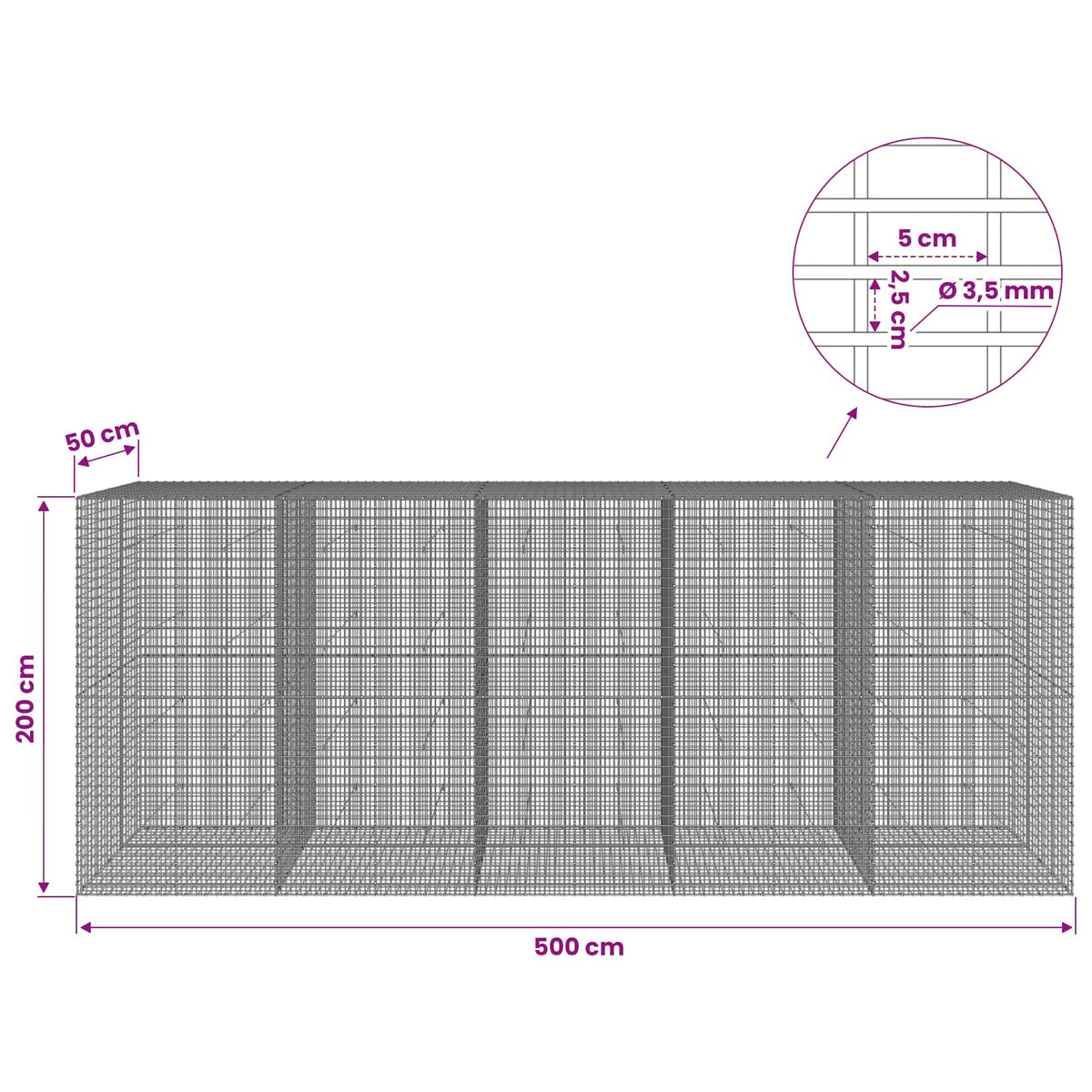 vidaXL Gabion z drutu 3,5 mm i siatką 5x2,5 cm 500x50x200 cm