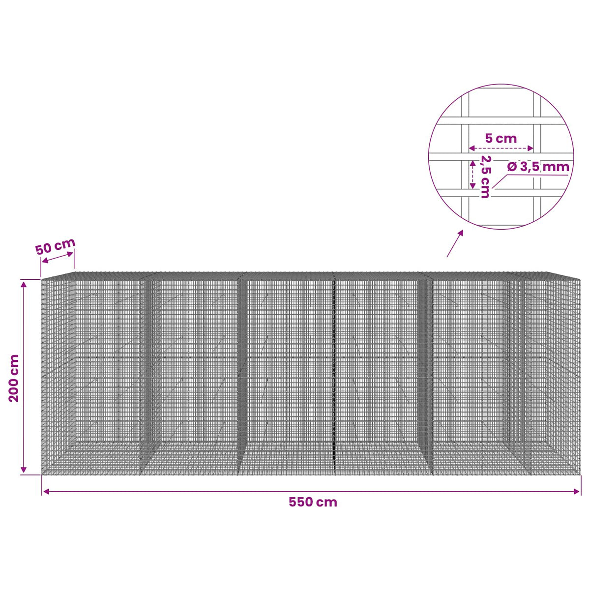 vidaXL Gabion z drutu 3,5 mm i siatką 5x2,5 cm 550x50x200 cm