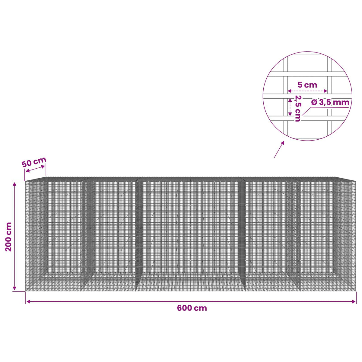 vidaXL Gabion z drutu 3,5 mm i siatką 5x2,5 cm 600x50x200 cm