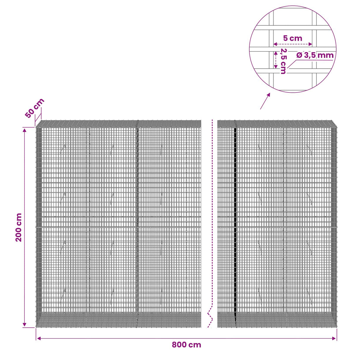 vidaXL Gabion z drutu 3,5 mm i siatką 5x2,5 cm 800x50x200 cm