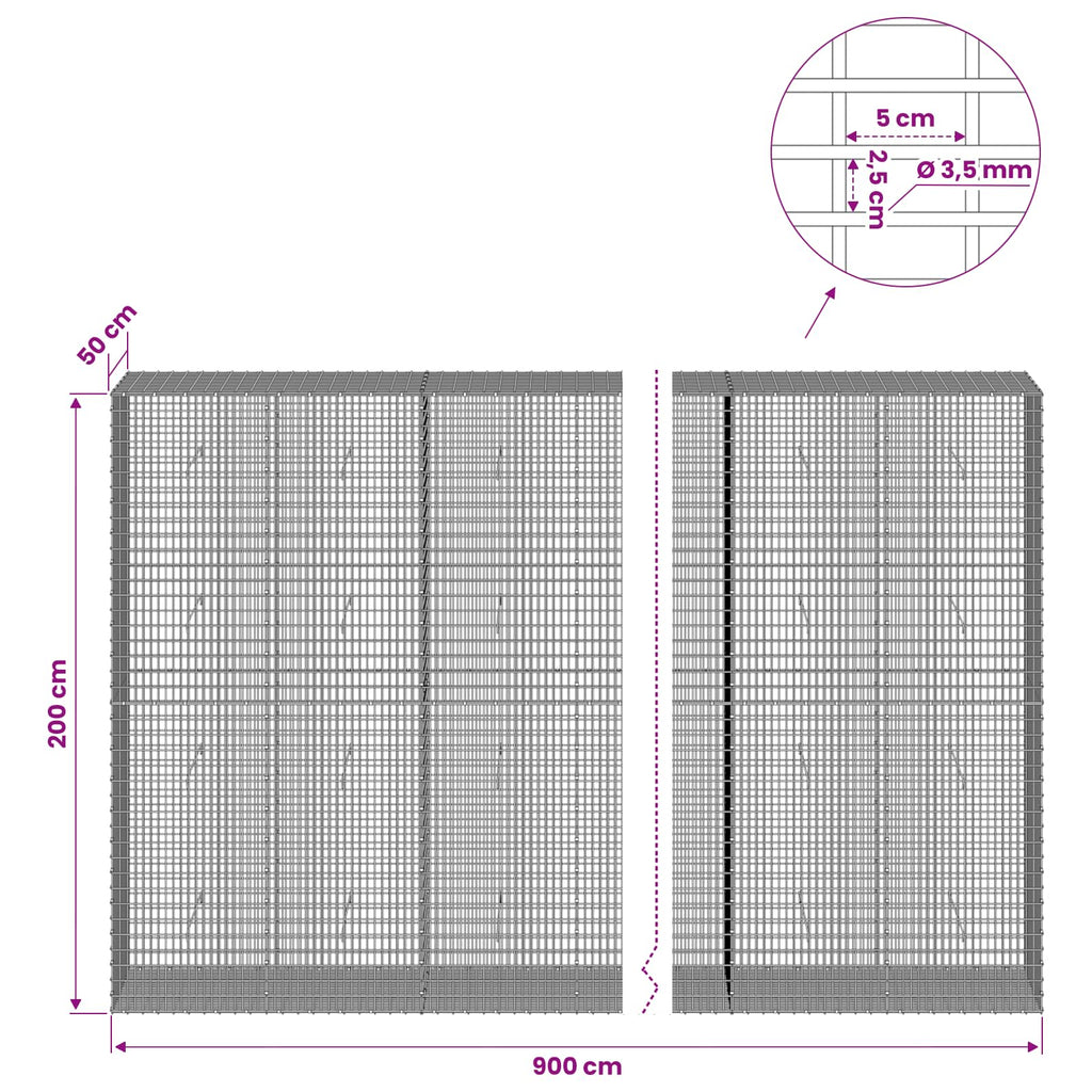 vidaXL Gabion z drutu 3,5 mm i siatką 5x2,5 cm 900x50x200 cm