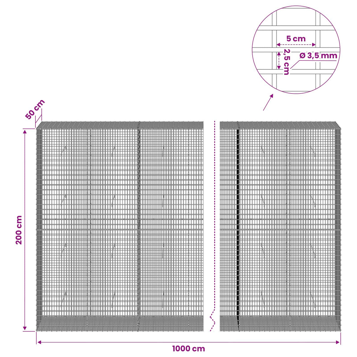 vidaXL Gabion z drutu 3,5 mm i siatką 5x2,5 cm 1000x50x200 cm