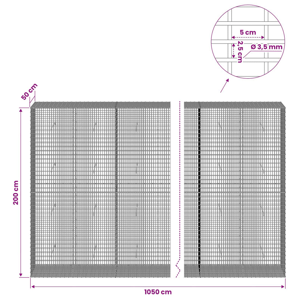 vidaXL Gabion z drutu 3,5 mm i siatką 5x2,5 cm 1050x50x200 cm