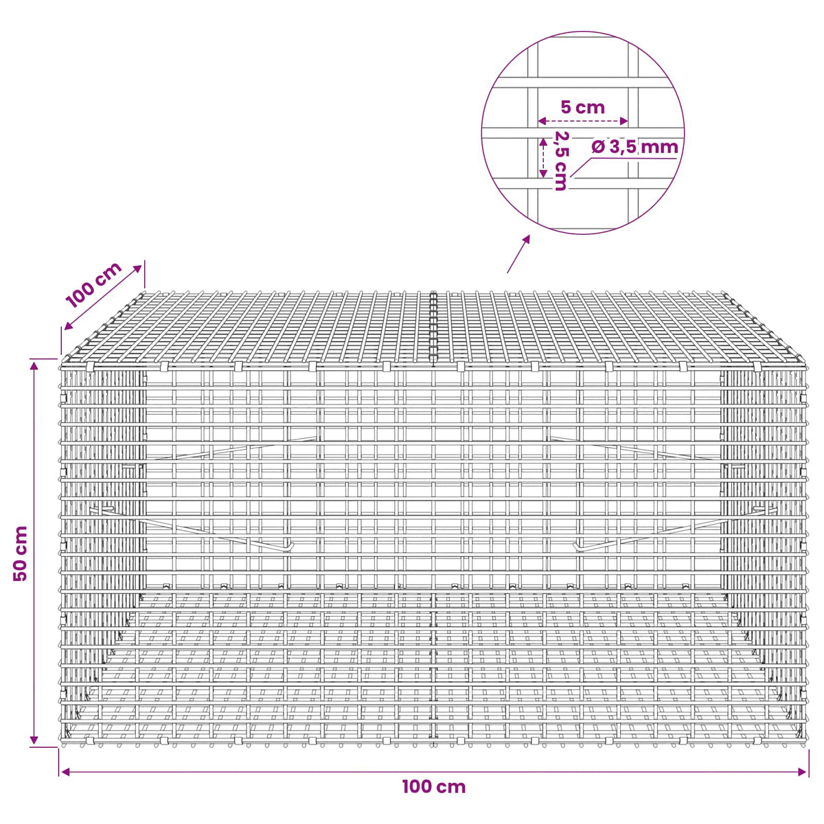 vidaXL Gabion z drutu 3,5 mm i siatką 5x2,5 cm 100x100x50 cm
