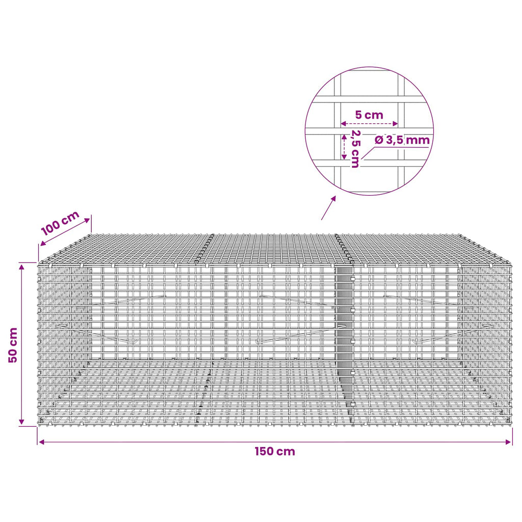 vidaXL Gabion z drutu 3,5 mm i siatką 5x2,5 cm 150x100x50 cm