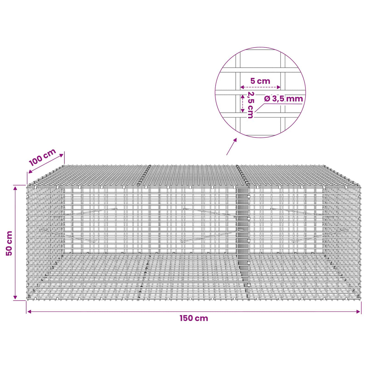 vidaXL Gabion z drutu 3,5 mm i siatką 5x2,5 cm 150x100x50 cm