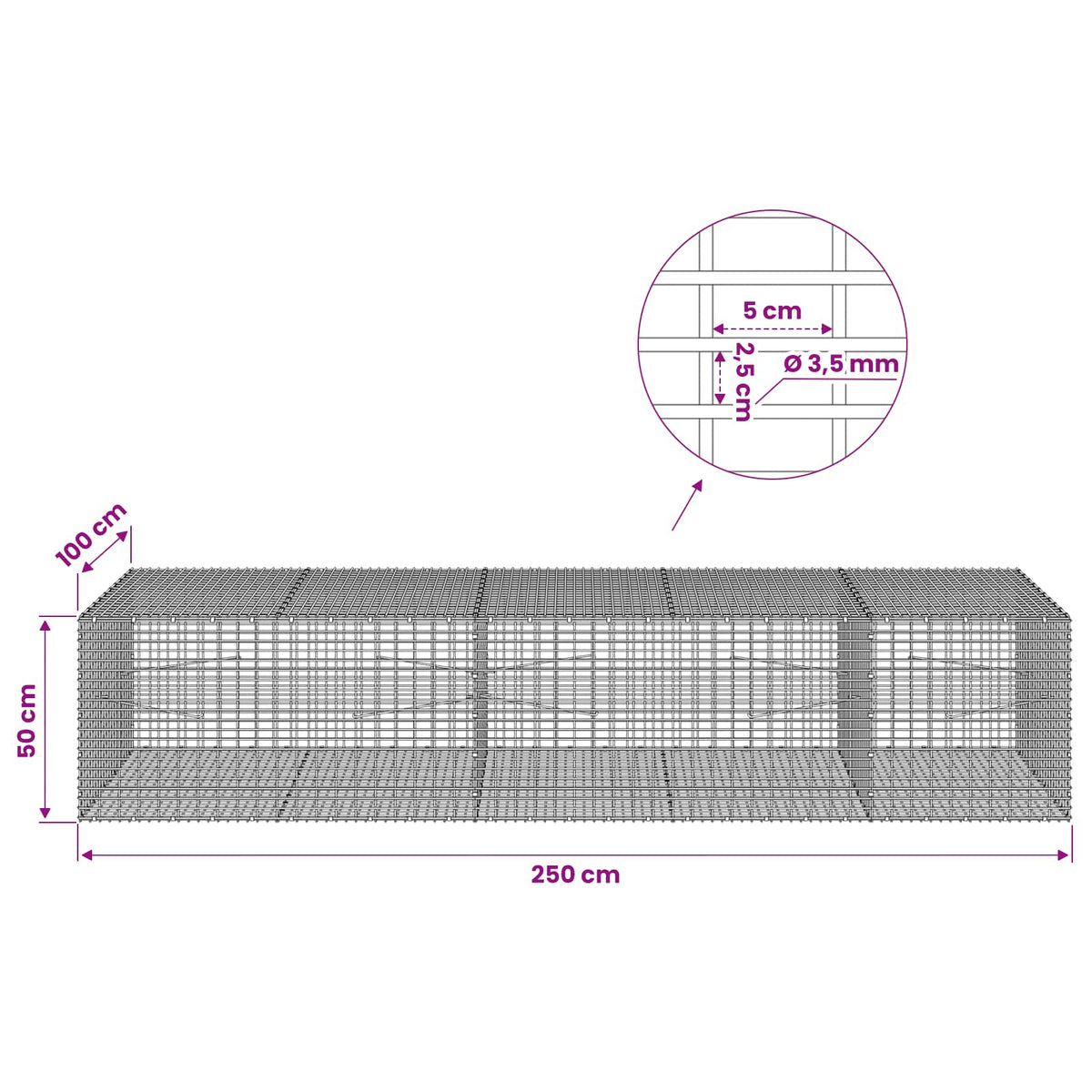 vidaXL Gabion z drutu 3,5 mm i siatką 5x2,5 cm 250x100x50 cm