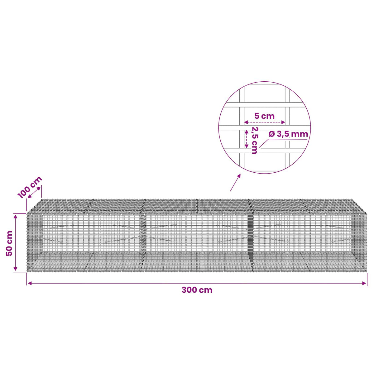 vidaXL Gabion z drutu 3,5 mm i siatką 5x2,5 cm 300x100x50 cm