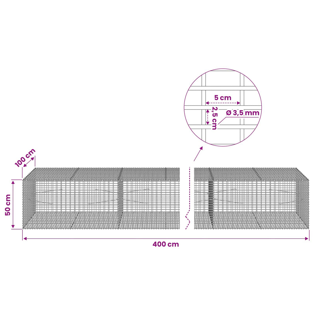vidaXL Gabion z drutu 3,5 mm i siatką 5x2,5 cm 400x100x50 cm