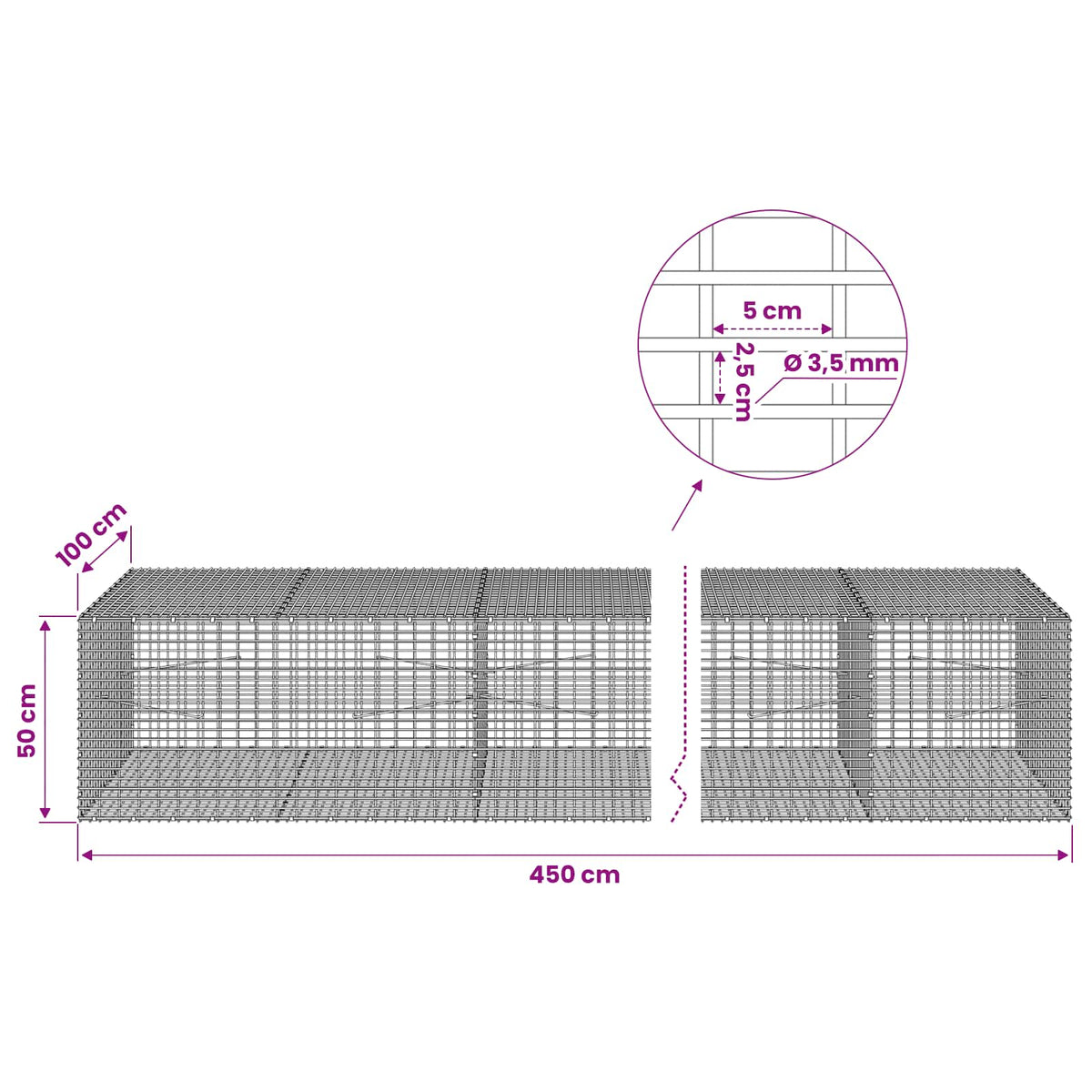 vidaXL Gabion z drutu 3,5 mm i siatką 5x2,5 cm 450x100x50 cm