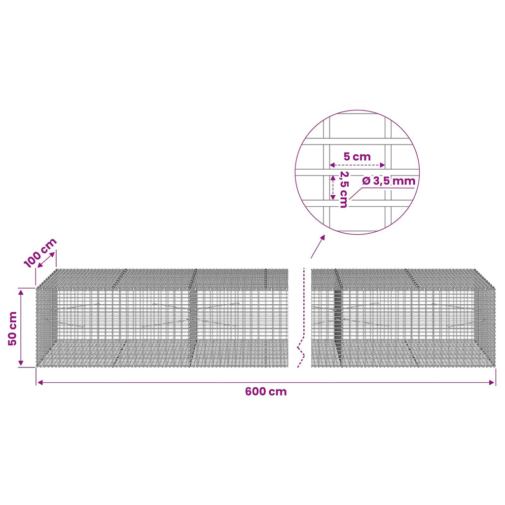 vidaXL Gabion z drutu 3,5 mm i siatką 5x2,5 cm 600x100x50 cm