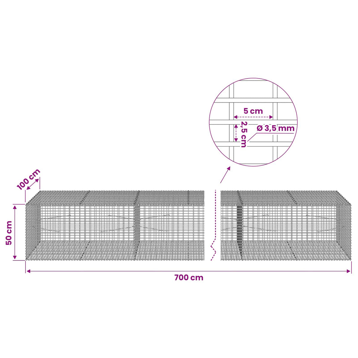 vidaXL Gabion z drutu 3,5 mm i siatką 5x2,5 cm 700x100x50 cm