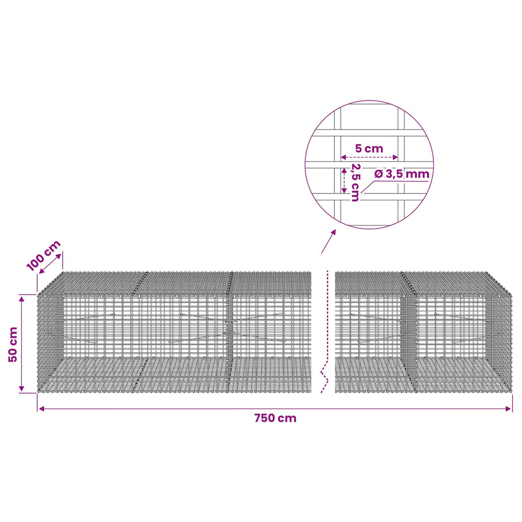 vidaXL Gabion z drutu 3,5 mm i siatką 5x2,5 cm 750x100x50 cm