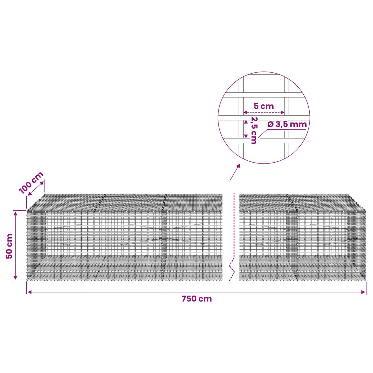 vidaXL Gabion z drutu 3,5 mm i siatką 5x2,5 cm 750x100x50 cm