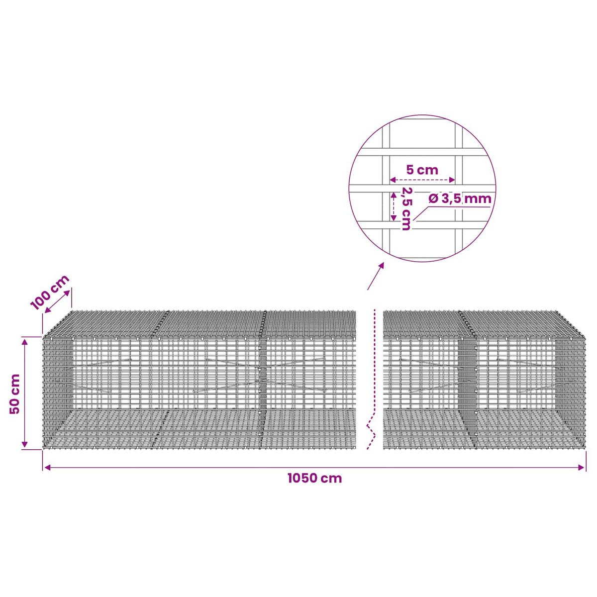 vidaXL Gabion z drutu 3,5 mm i siatką 5x2,5 cm 1050x100x50 cm