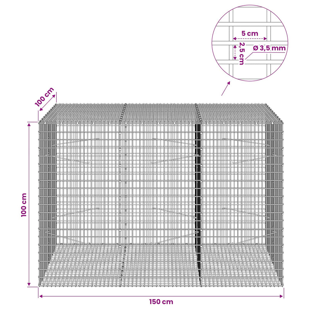 vidaXL Gabion z drutu 3,5 mm i siatką 5x2,5 cm 150x100x100 cm