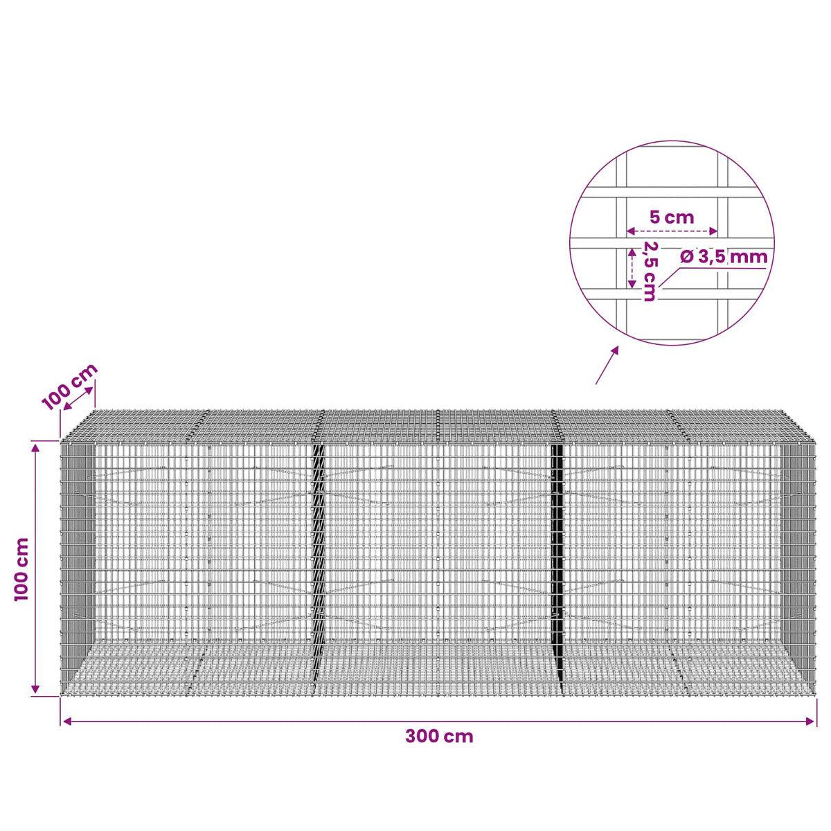 vidaXL Gabion z drutu 3,5 mm i siatką 5x2,5 cm 300x100x100 cm