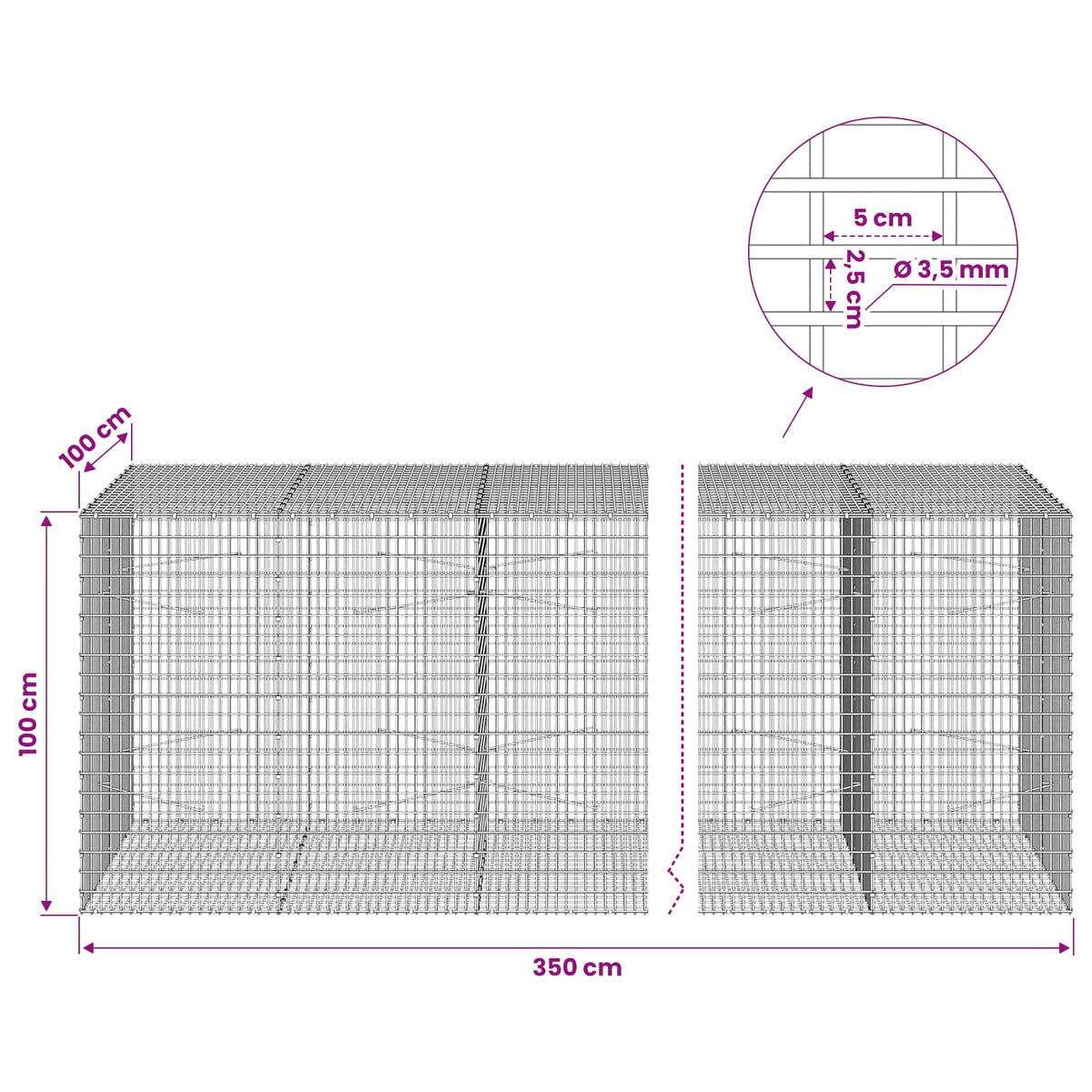 vidaXL Gabion z drutu 3,5 mm i siatką 5x2,5 cm 350x100x100 cm