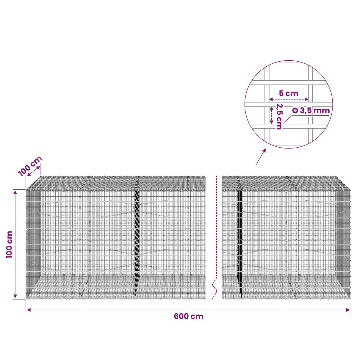 vidaXL Gabion z drutu 3,5 mm i siatką 5x2,5 cm 600x100x100 cm