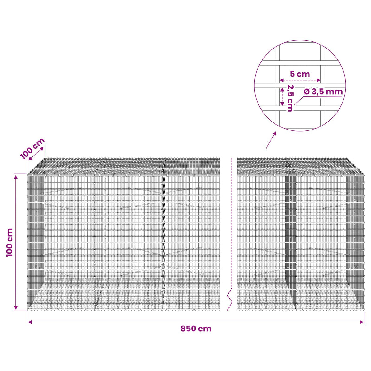 vidaXL Gabion z drutu 3,5 mm i siatką 5x2,5 cm 850x100x100 cm