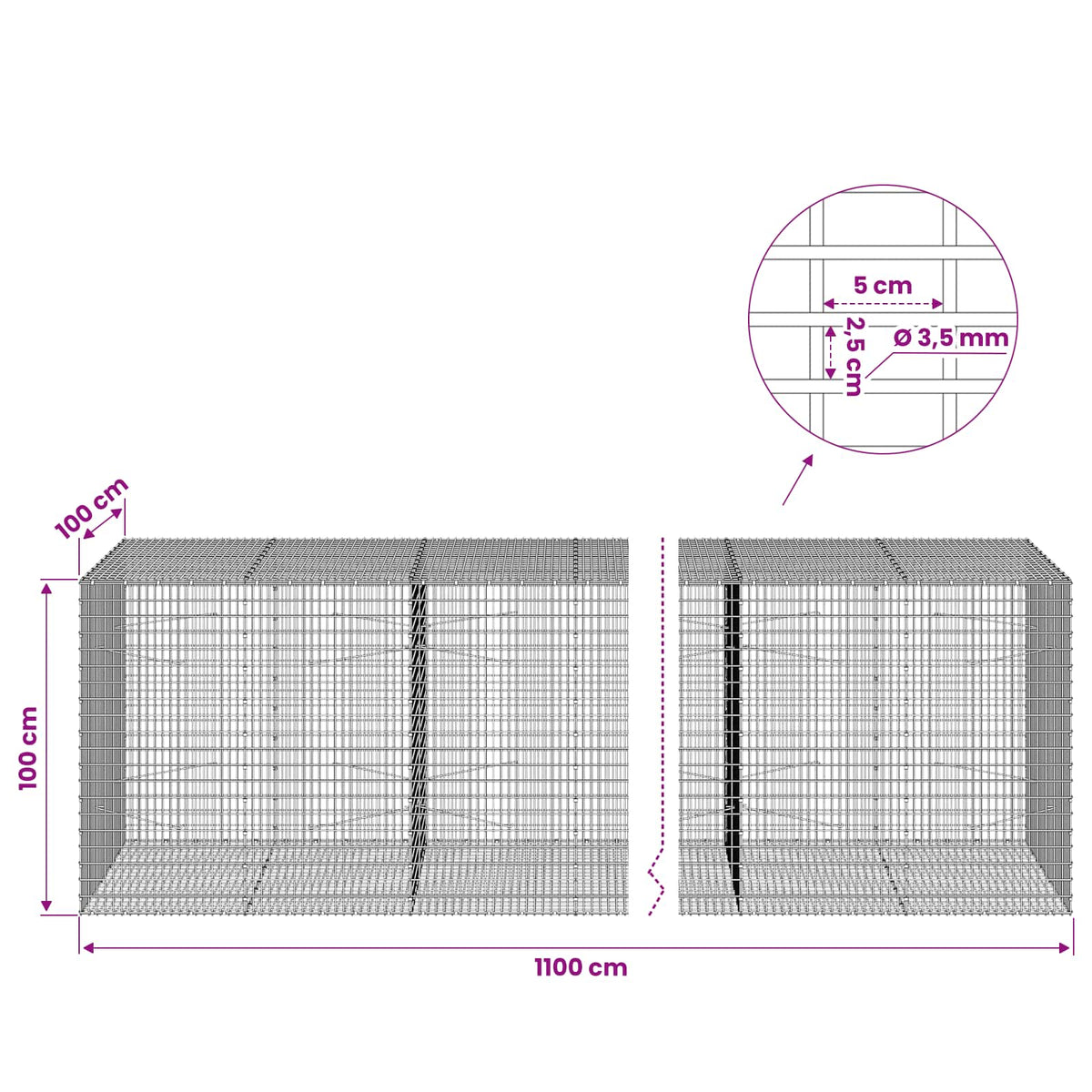 vidaXL Gabion z drutu 3,5 mm i siatką 5x2,5 cm 1100x100x100 cm