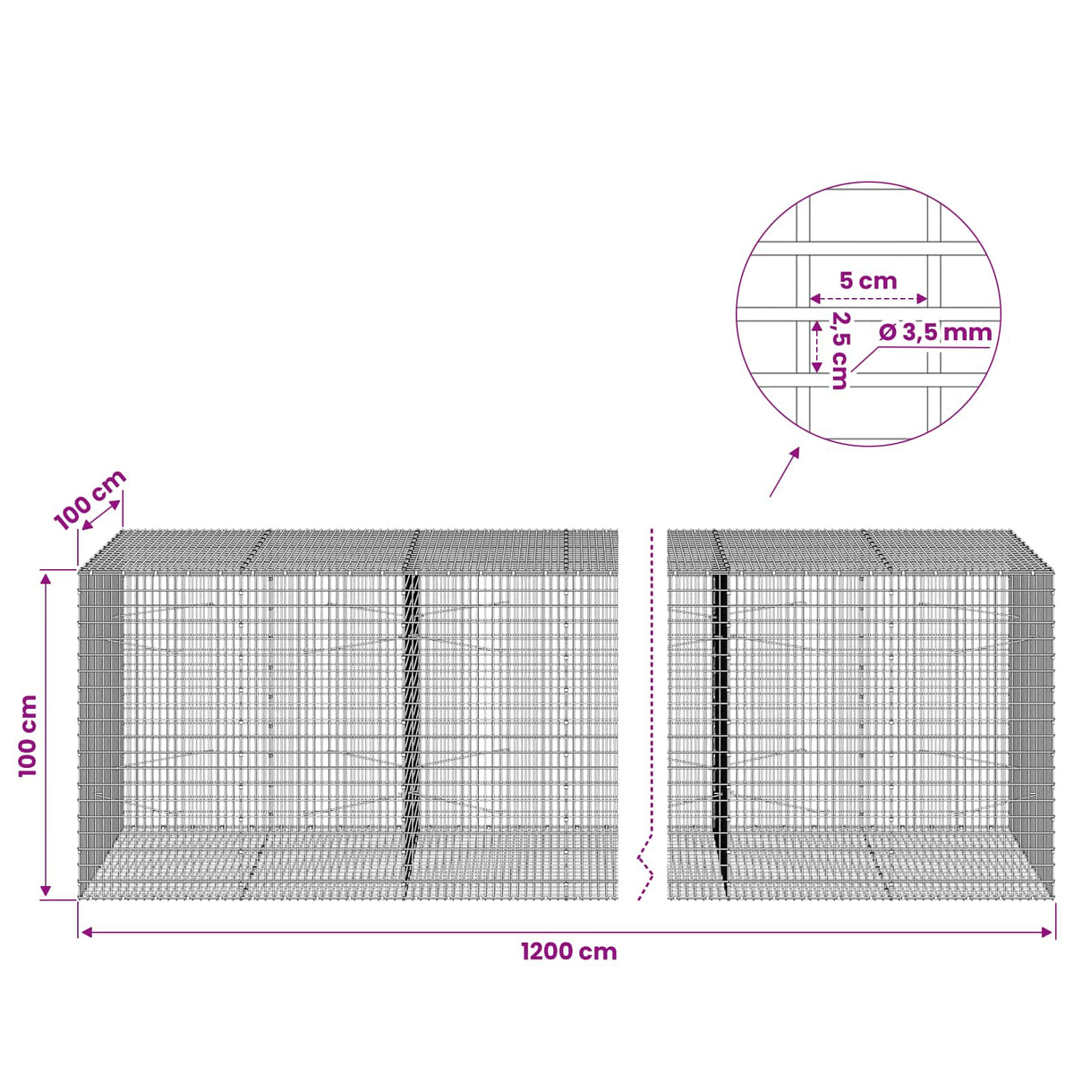 vidaXL Gabion z drutu 3,5 mm i siatką 5x2,5 cm 1200x100x100 cm