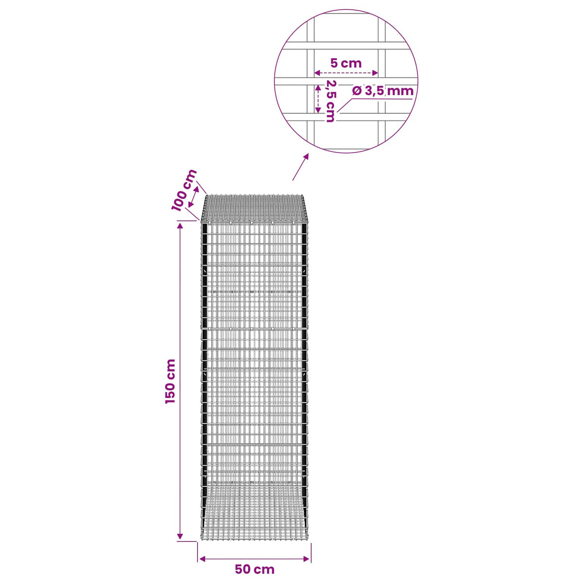vidaXL Gabion z drutu 3,5 mm i siatką 5x2,5 cm 50x100x150 cm