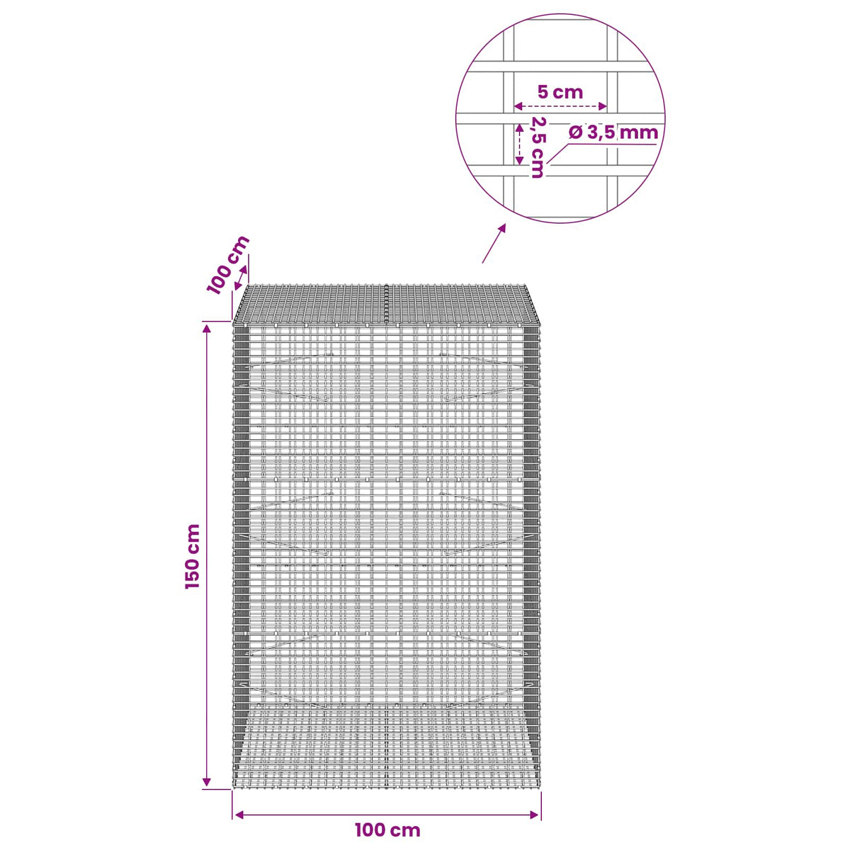 vidaXL Gabion z drutu 3,5 mm i siatką 5x2,5 cm 100x100x150 cm