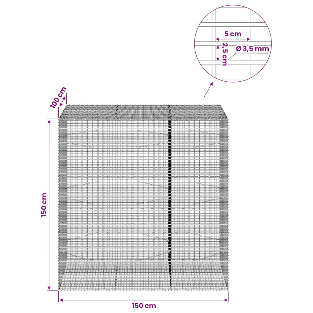 vidaXL Gabion z drutu 3,5 mm i siatką 5x2,5 cm 150x100x150 cm