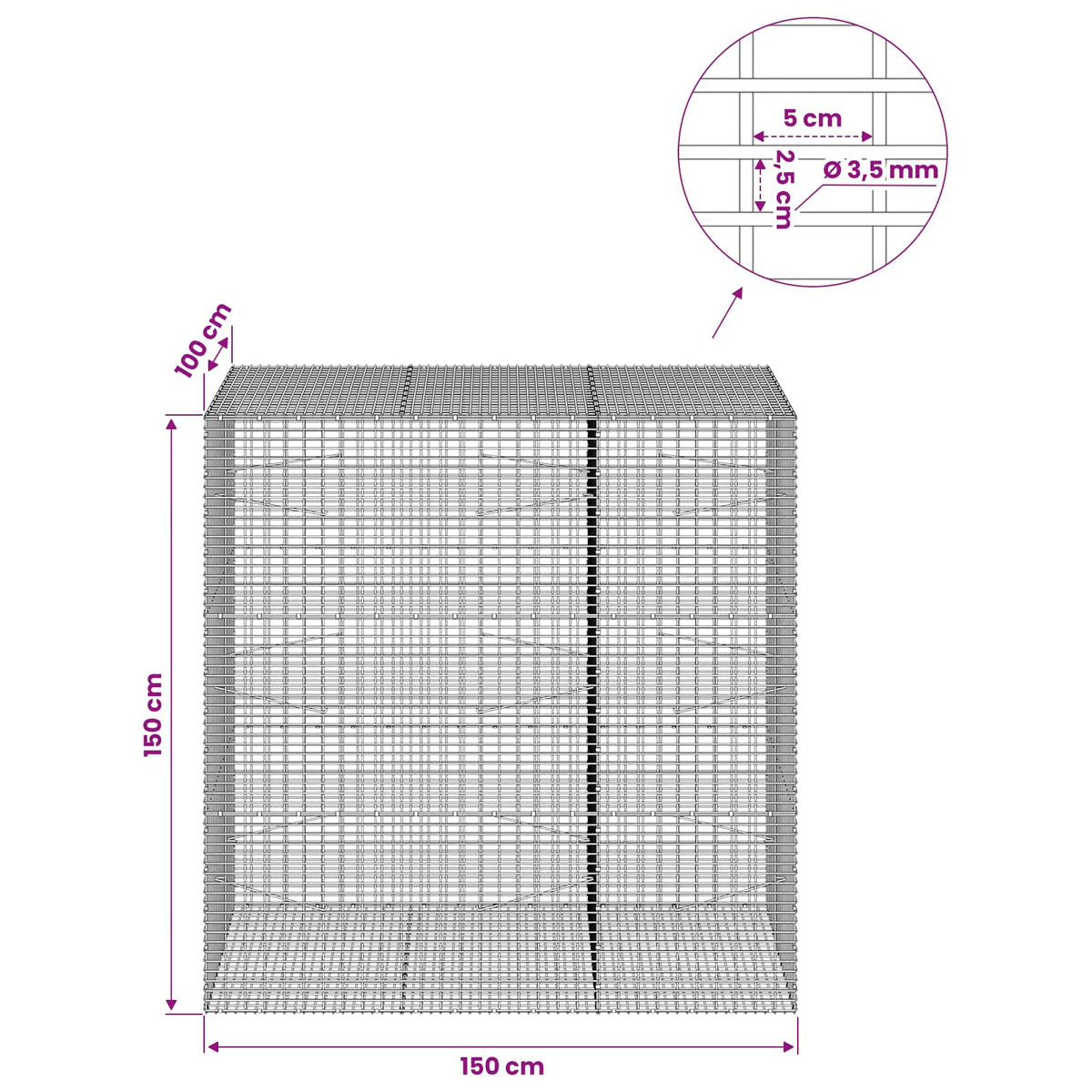 vidaXL Gabion z drutu 3,5 mm i siatką 5x2,5 cm 150x100x150 cm