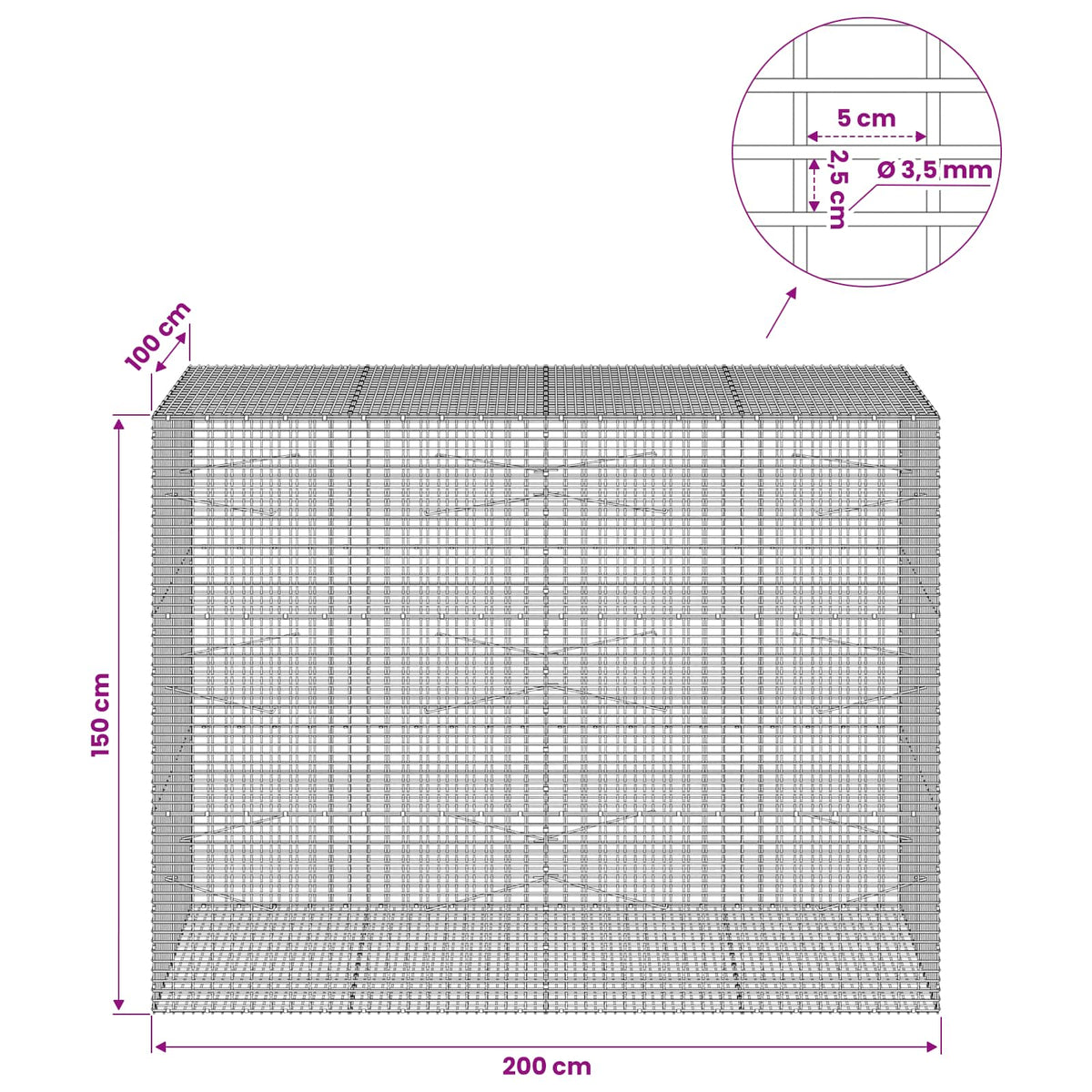 vidaXL Gabion z drutu 3,5 mm i siatką 5x2,5 cm 200x100x150 cm