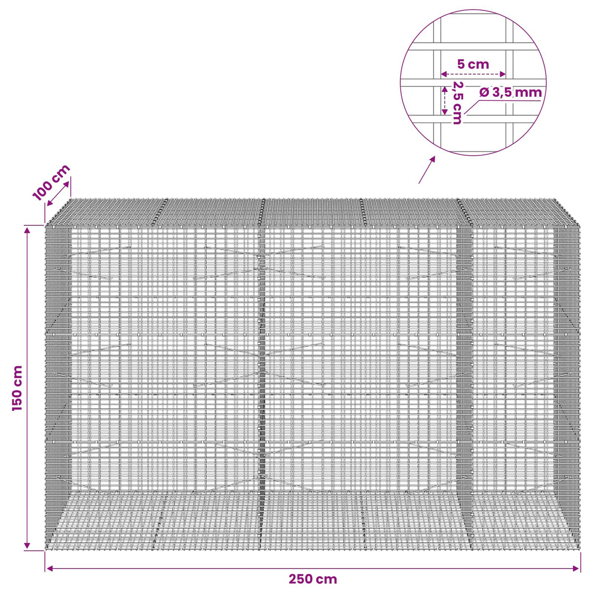 vidaXL Gabion z drutu 3,5 mm i siatką 5x2,5 cm 250x100x150 cm