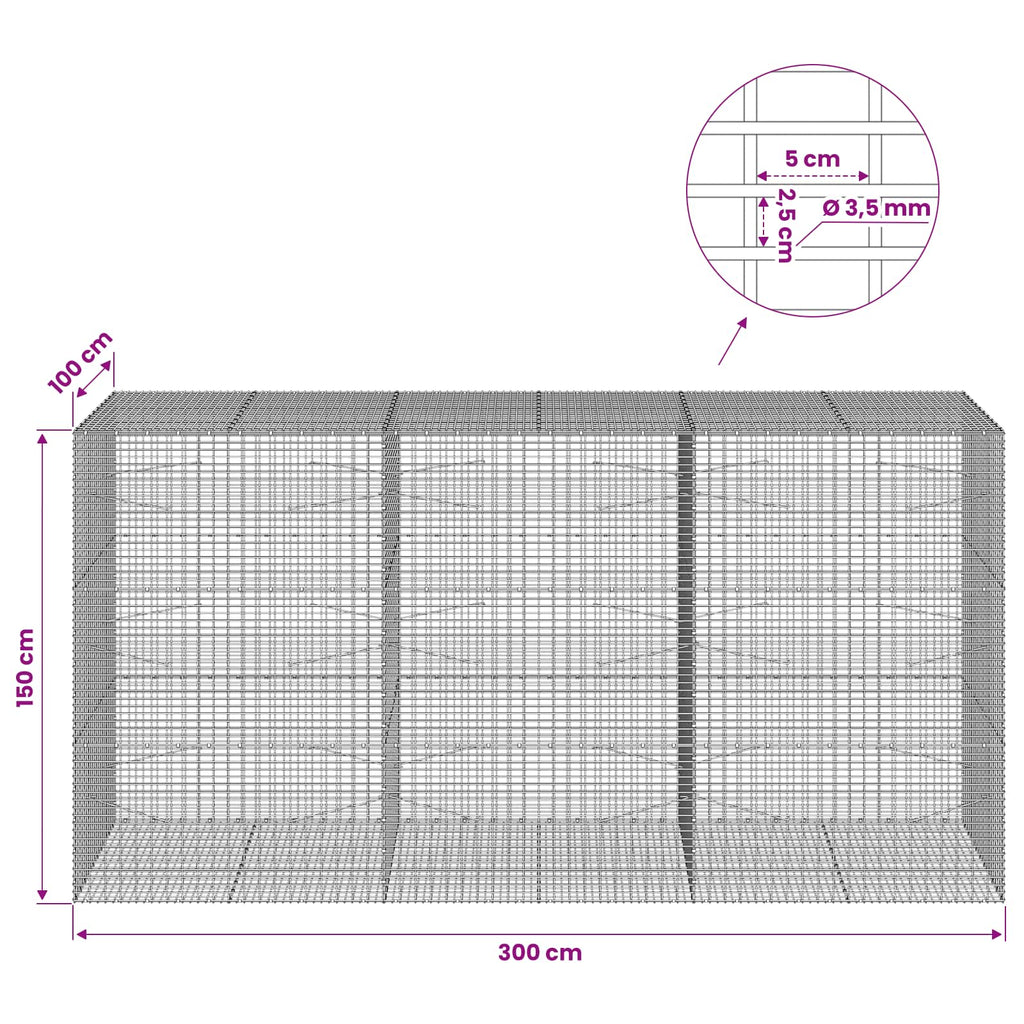 vidaXL Gabion z drutu 3,5 mm i siatką 5x2,5 cm 300x100x150 cm
