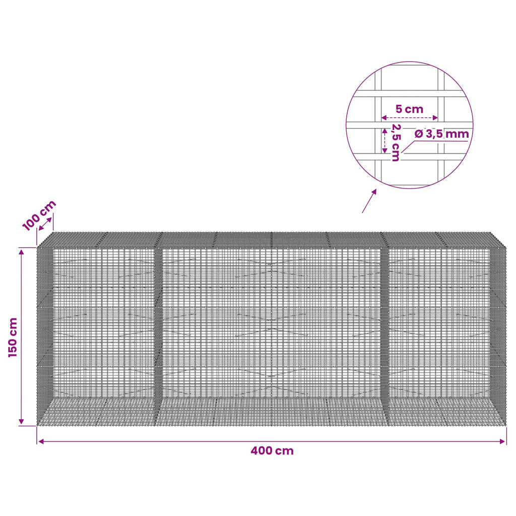 vidaXL Gabion z drutu 3,5 mm i siatką 5x2,5 cm 400x100x150 cm