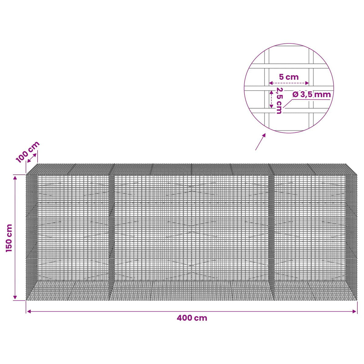 vidaXL Gabion z drutu 3,5 mm i siatką 5x2,5 cm 400x100x150 cm