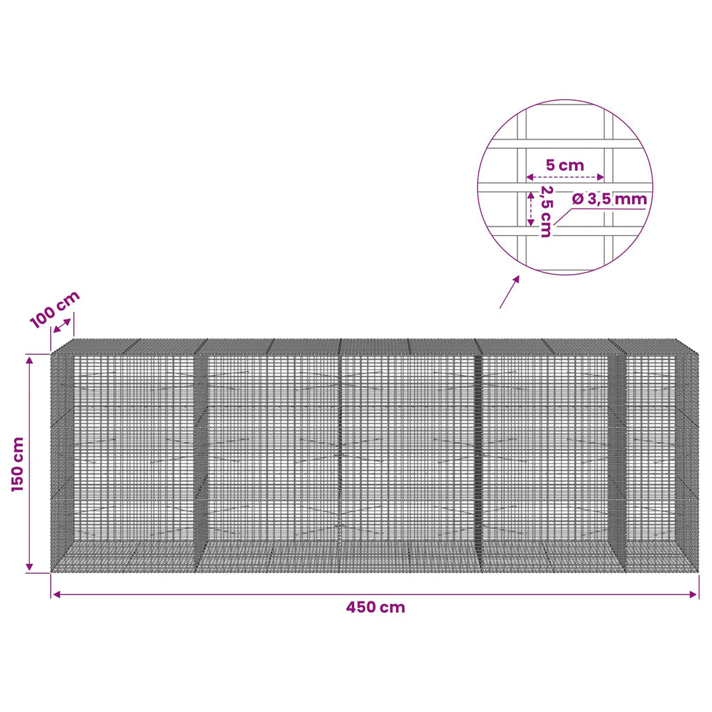 vidaXL Gabion z drutu 3,5 mm i siatką 5x2,5 cm 450x100x150 cm