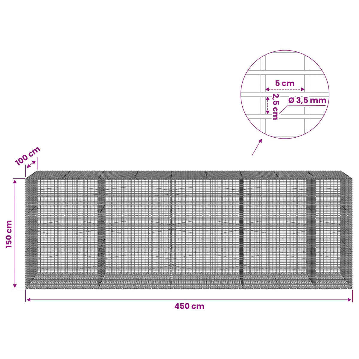 vidaXL Gabion z drutu 3,5 mm i siatką 5x2,5 cm 450x100x150 cm