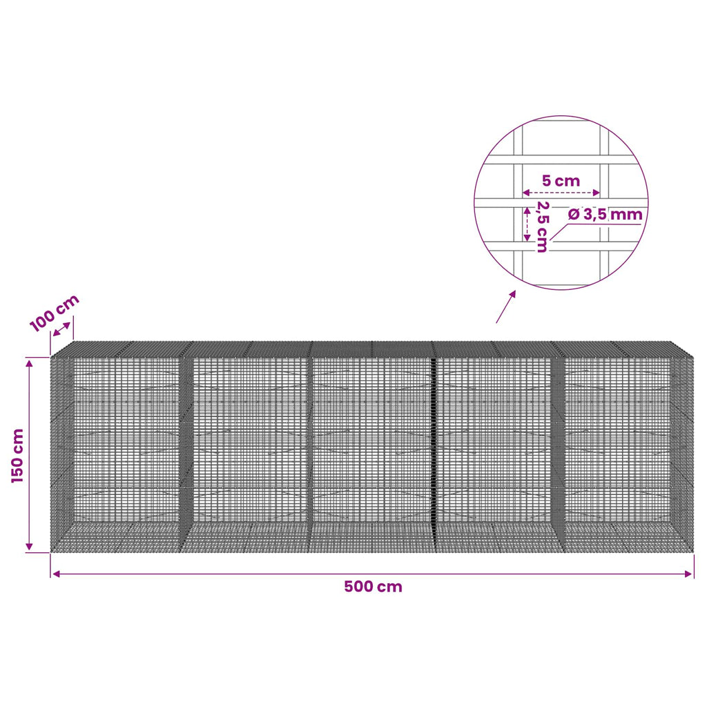 vidaXL Gabion z drutu 3,5 mm i siatką 5x2,5 cm 500x100x150 cm