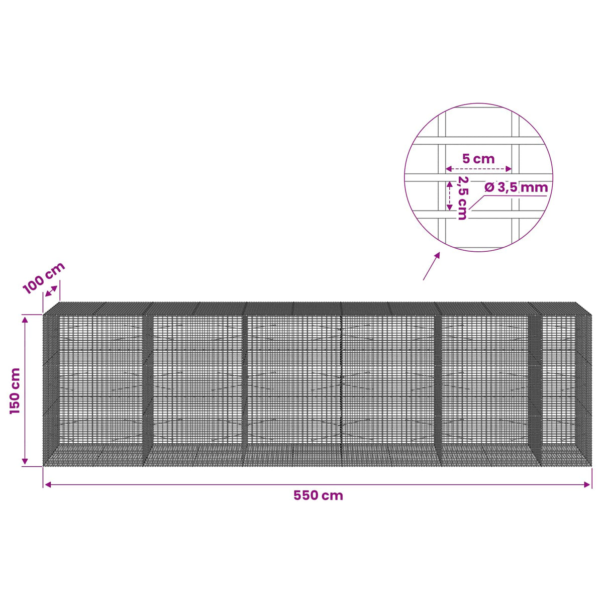 vidaXL Gabion z drutu 3,5 mm i siatką 5x2,5 cm 550x100x150 cm