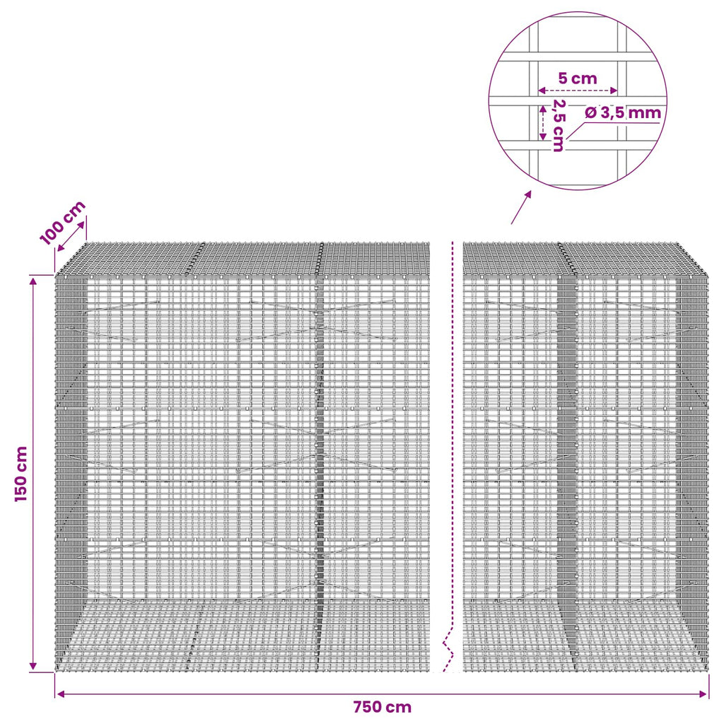vidaXL Gabion z drutu 3,5 mm i siatką 5x2,5 cm 750x100x150 cm