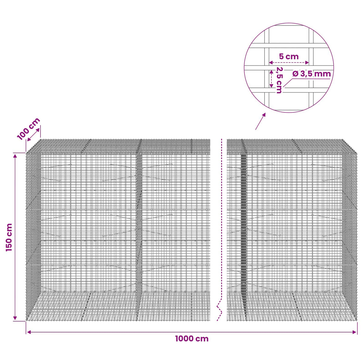 vidaXL Gabion z drutu 3,5 mm i siatką 5x2,5 cm 1000x100x150 cm