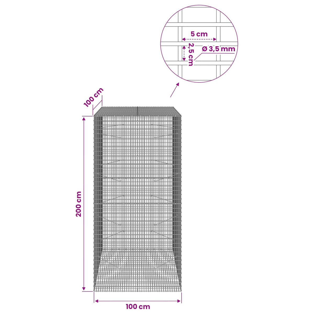 vidaXL Gabion z drutu 3,5 mm i siatką 5x2,5 cm 100x100x200 cm